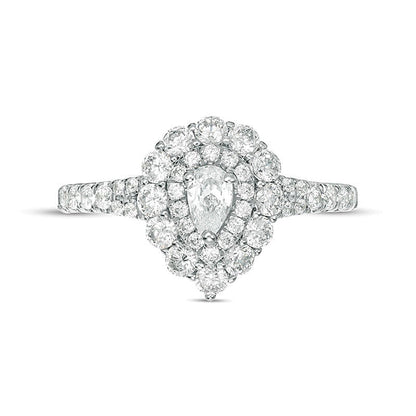 Verlobungsring mit Halo, tropfenförmigem und rundem Diamant, 1.0 CT. Gesamtgewicht, in 14K Weißgold