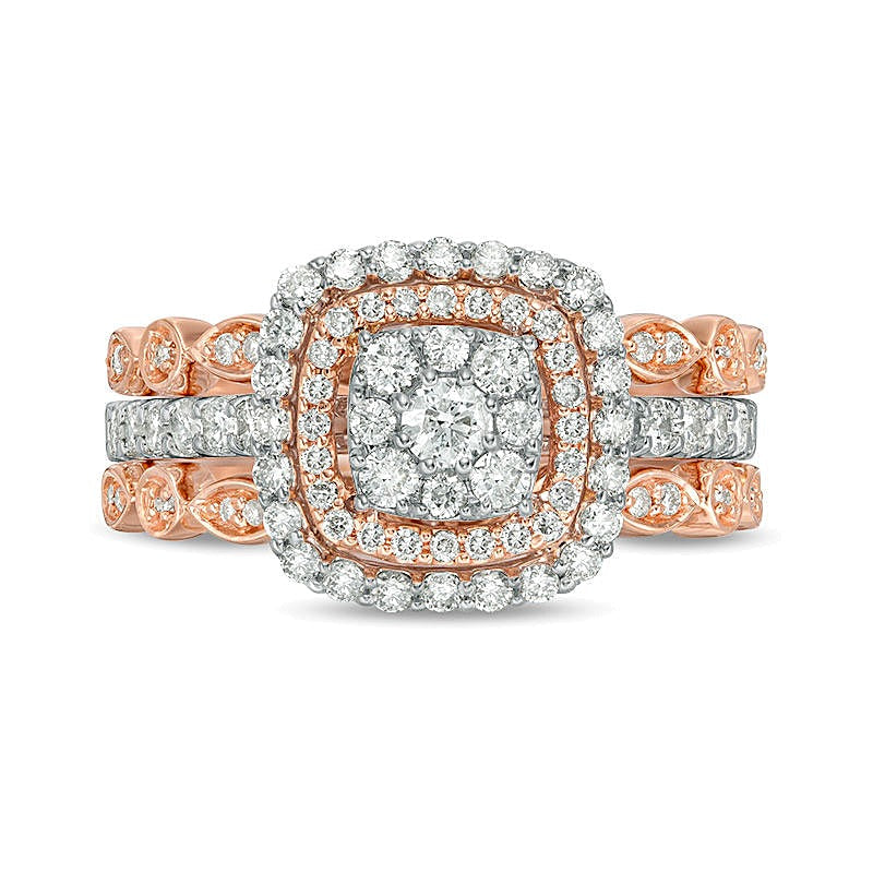 0.88 ct. Gesamtgewicht Komposit-Diamant Braut-Set im Art-déco-Vintage-Stil mit doppeltem Kissenschliff-Rahmen aus 14K Two-Tone Gold