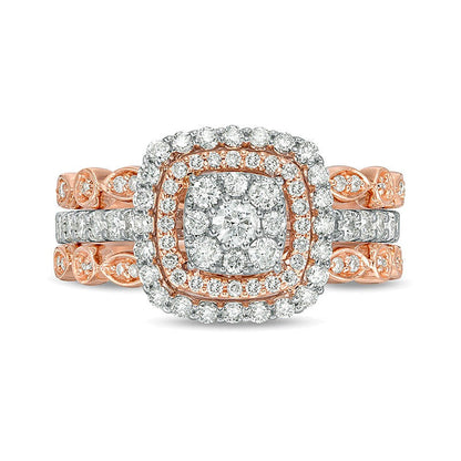 0.88 ct. Gesamtgewicht Komposit-Diamant Braut-Set im Art-déco-Vintage-Stil mit doppeltem Kissenschliff-Rahmen aus 14K Two-Tone Gold
