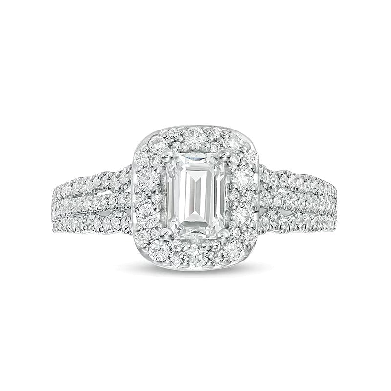 Halo-Verlobungsring mit Diamant im Smaragdschliff 1.0 ct. Gesamtgewicht in 14K Gold Bicolor