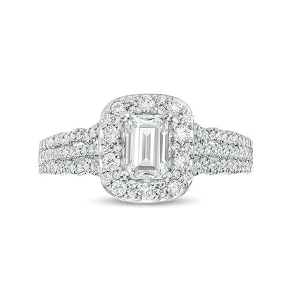 Halo-Verlobungsring mit Diamant im Smaragdschliff 1.0 ct. Gesamtgewicht in 14K Gold Bicolor