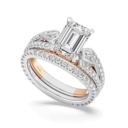 Verlobungsring Solitär mit seitlichem Besatz für Damen mit Labordiamanten im Smaragdschliff, 4.0 ct. Gesamtgewicht, in 14K Gold Two-Tone