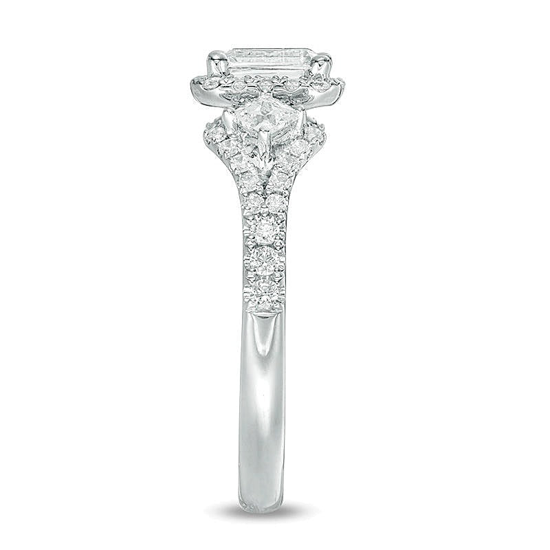 1.0 ct. Gesamtgewicht Dreistein-Verlobungsring mit Diamanten im Smaragdschliff in 14K Weißgold (I/I1)