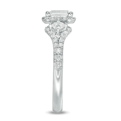 1.0 ct. Gesamtgewicht Dreistein-Verlobungsring mit Diamanten im Smaragdschliff in 14K Weißgold (I/I1)