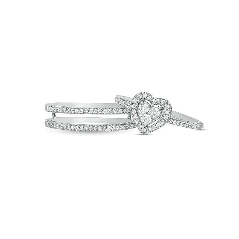 0.5 ct. Gesamtgewicht Diamant Brautset mit Herz-Rahmen dreiteilig in 10K Weißgold