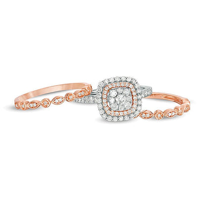0.88 ct. Gesamtgewicht Komposit-Diamant Braut-Set im Art-déco-Vintage-Stil mit doppeltem Kissenschliff-Rahmen aus 14K Two-Tone Gold