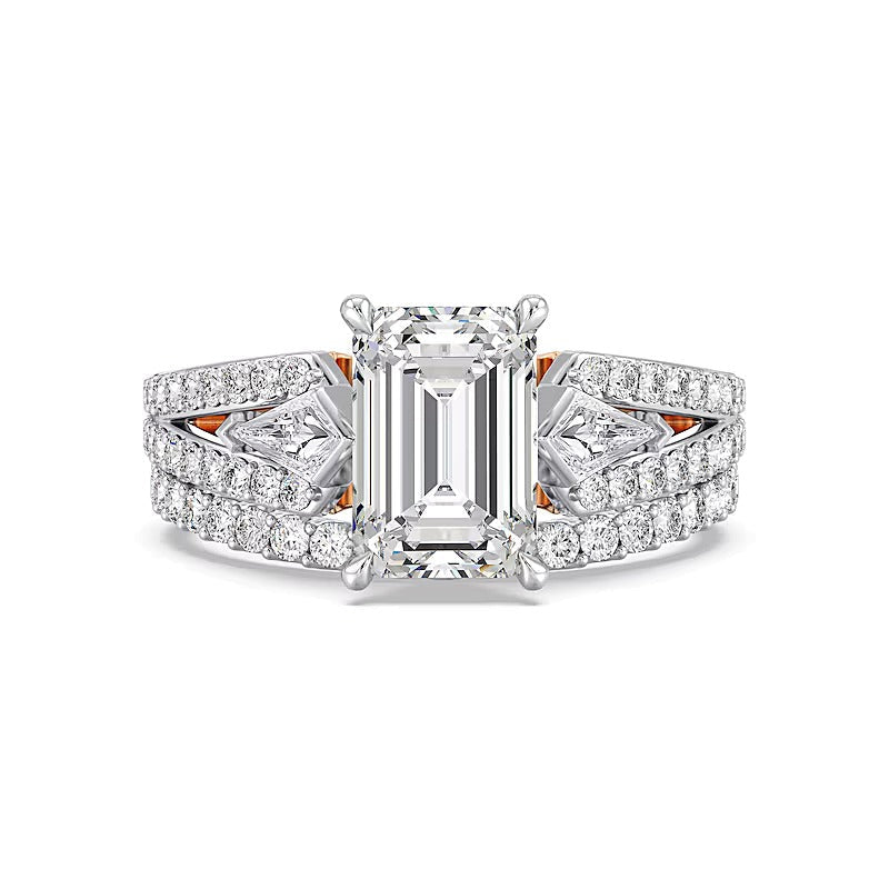 Verlobungsring Solitär mit seitlichem Besatz für Damen mit Labordiamanten im Smaragdschliff, 4.0 ct. Gesamtgewicht, in 14K Gold Two-Tone