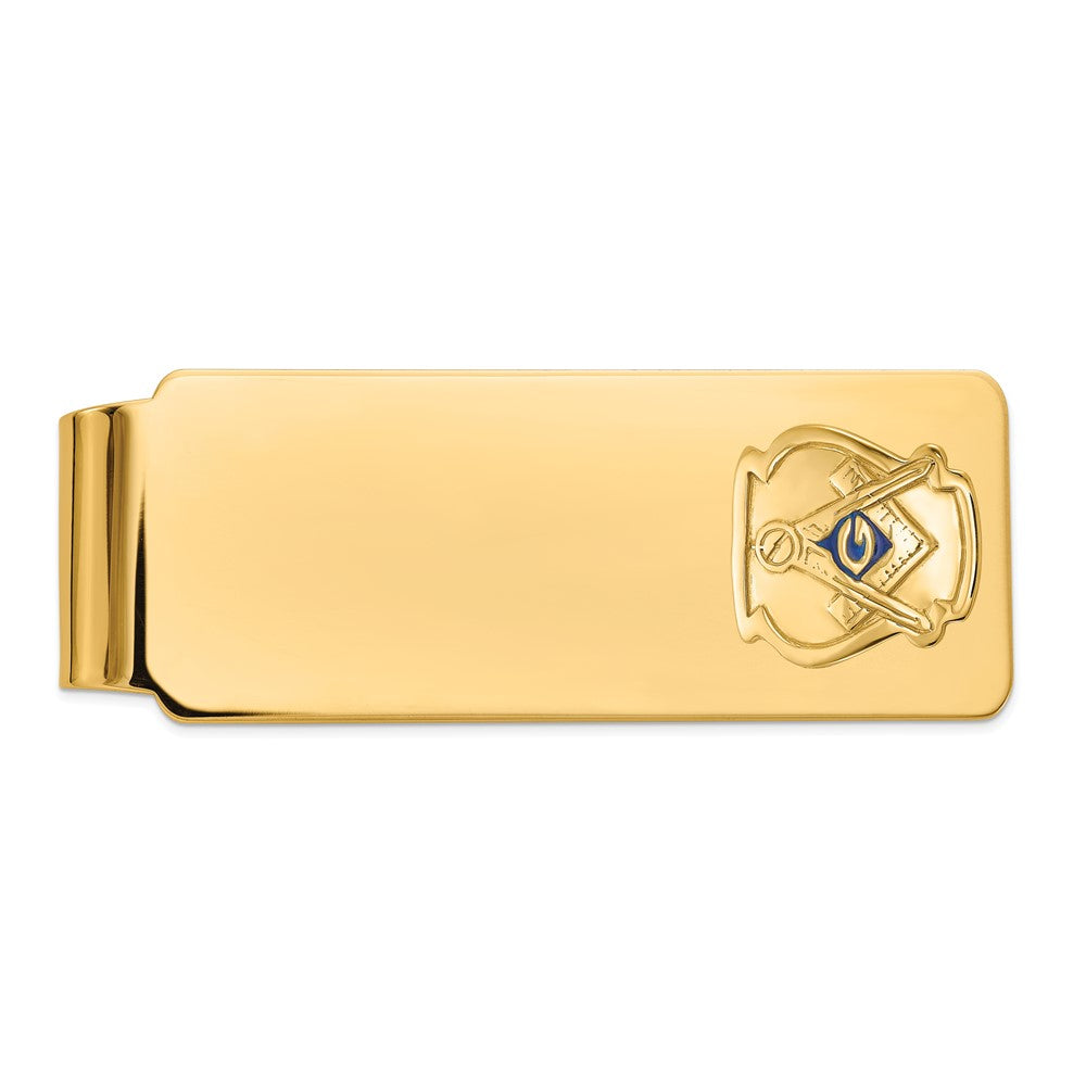 14K Gelbgold Herren Poliert und Strukturiert mit Blau Emaille Freimaurer Mittel Geldklammer