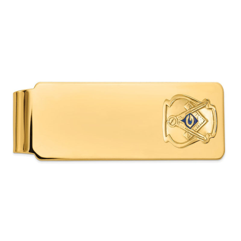 14K Gelbgold Herren Poliert und Strukturiert mit Blau Emaille Freimaurer Mittel Geldklammer