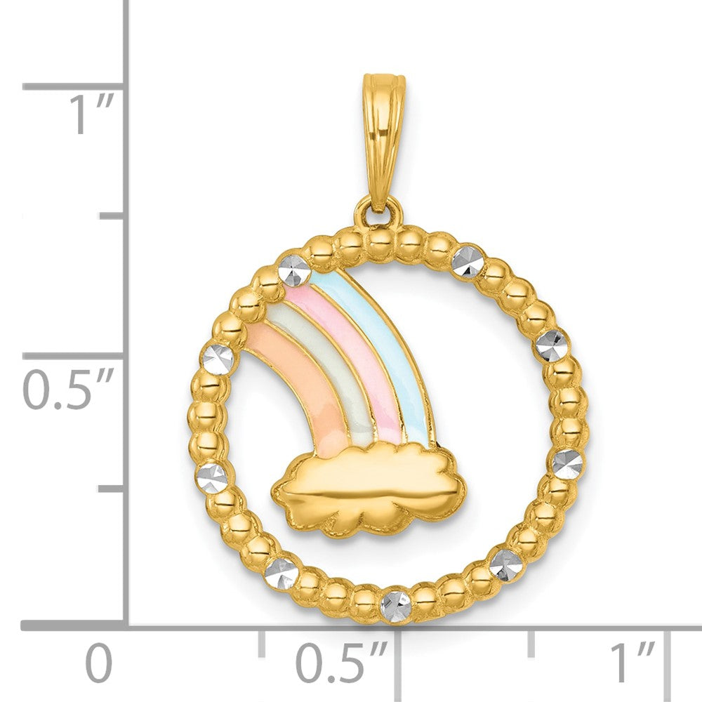 14K Gelbgold mit Rhodium, mehrfarbigem Emaille-Regenbogen mit Wolke im Kreis-Charm