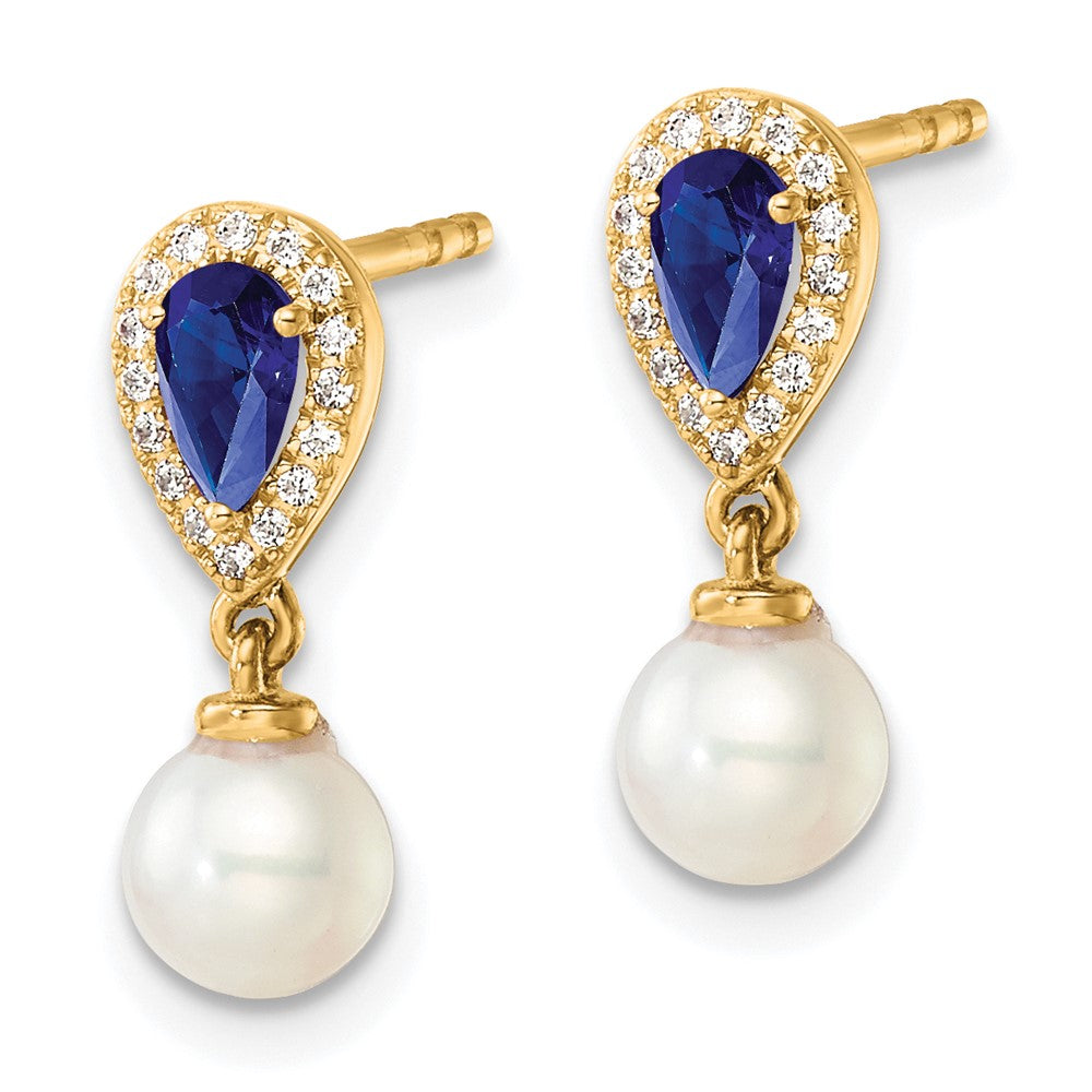 14K Gelbgold Ohrhänger mit rundem Süßwasserzuchtperle/0,09K Diamant/Birnen-Saphir zum Stecken