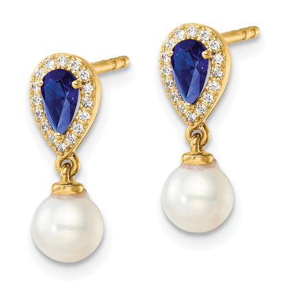 14K Gelbgold Ohrhänger mit rundem Süßwasserzuchtperle/0,09K Diamant/Birnen-Saphir zum Stecken