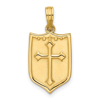 14K Gelbgold Polierter Schild-Anhänger mit Kreuz