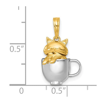 14K Gelbgold mit Rhodium poliert 3-D Katze in Tasse Charm