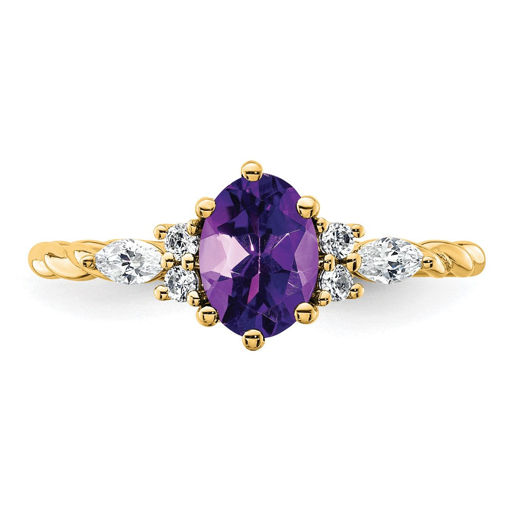 14K Gelbgold Ring mit Diamant und 7x5 ovalem Februar-/Amethyst-Stein, Größe 7, gedreht
