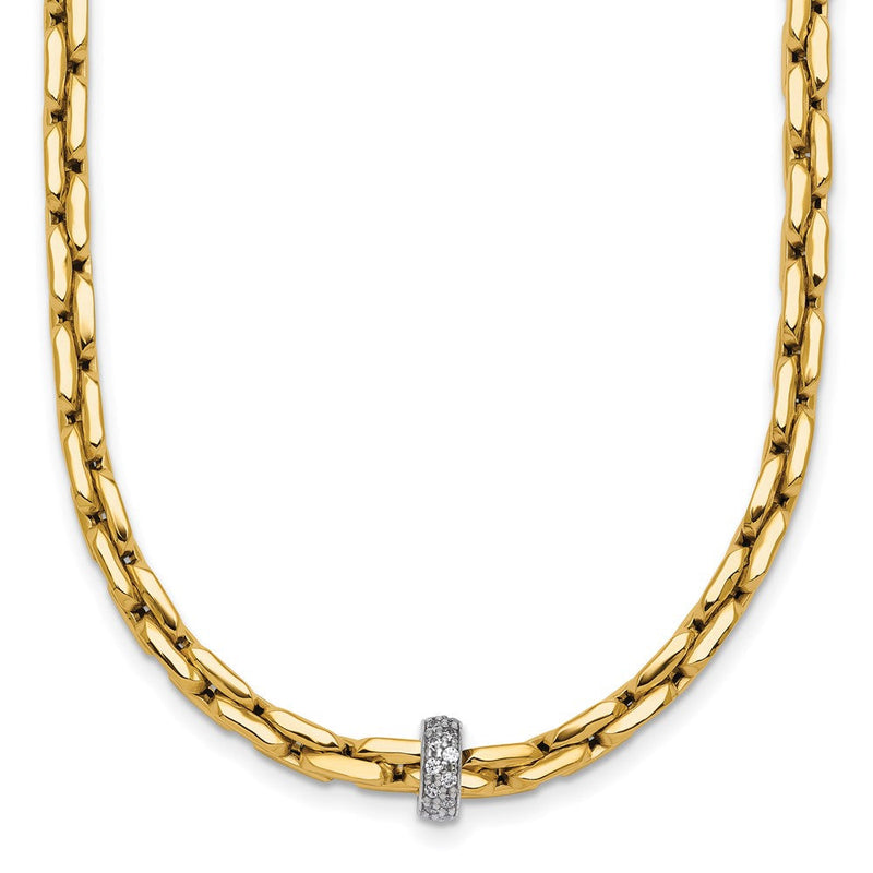 14K Bicolor Gold Bicolor Poliert Fantasieglieder mit Zirkonia Perle 17 Zoll Halskette