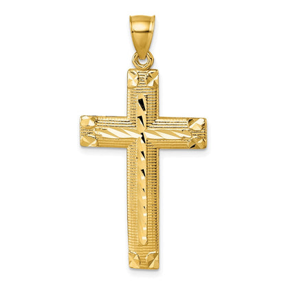 14K Gelbgold polierter Diamant-geschliffener strukturierter Kreuz-Anhänger im lateinischen Fantasie-Design