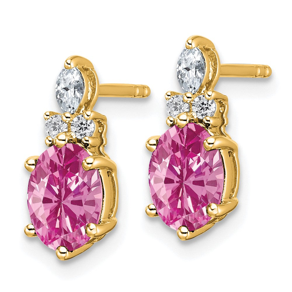 14K Gelbgold Ohrstecker mit Diamanten und 7x5 ovalem synthetischem rosa Saphir (Oktober-Geburtsstein)