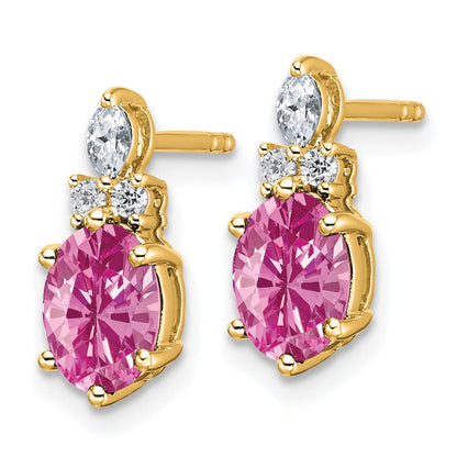 14K Gelbgold Ohrstecker mit Diamanten und 7x5 ovalem synthetischem rosa Saphir (Oktober-Geburtsstein)