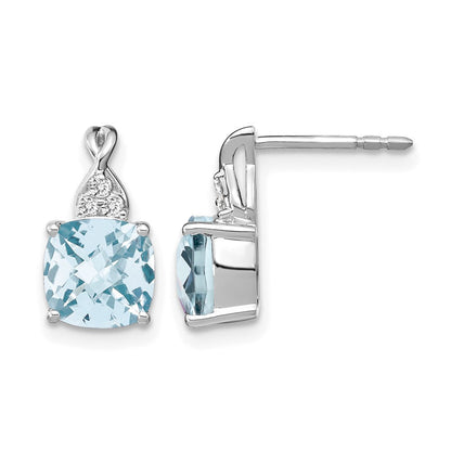 14K Weißgold Ohrstecker mit 7 mm Kissenschliff-Schachbrettmuster-Aquamarin (März) und Diamanten