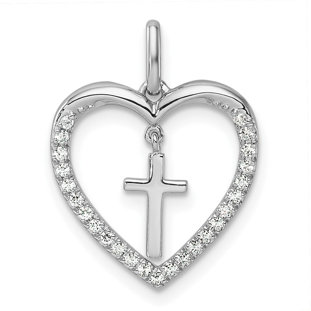 14K Weißgold Anhänger Herz-Kreuz mit 0,17 ct. Diamant, poliert, hängend