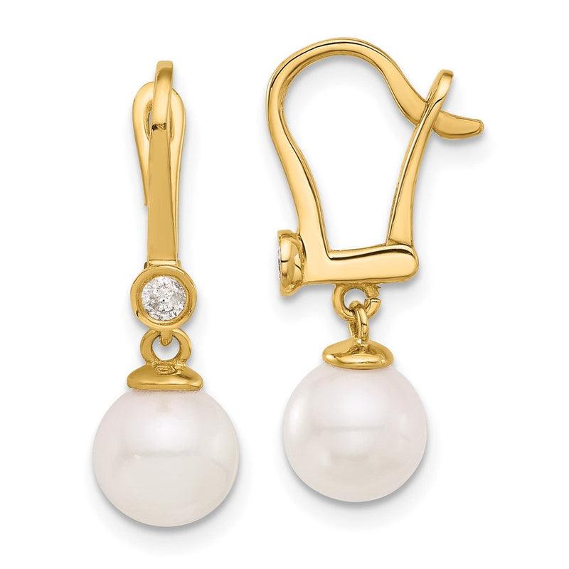 14K Gelbgold 7-8mm Rund Akoya Salzwasser Zuchtperle Und.10 Karat Diamant Ohrhänger