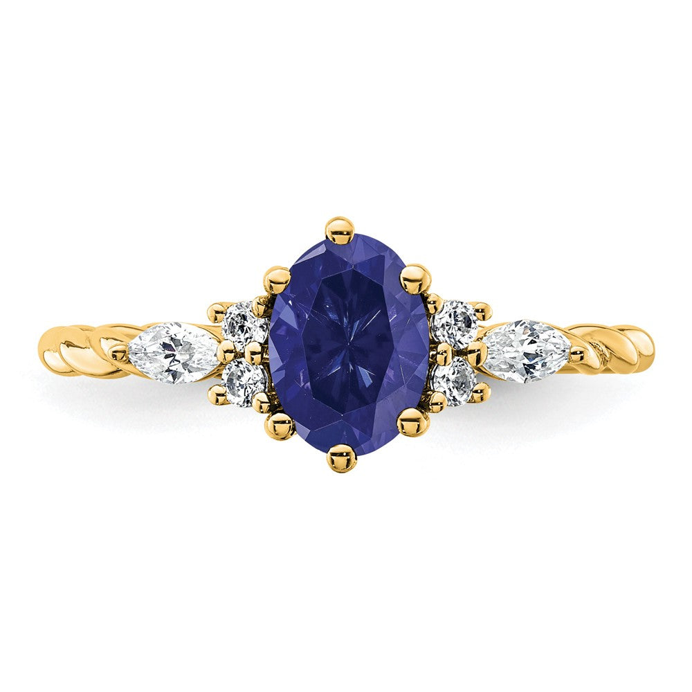 14K Gelbgold Ring mit Diamant und ovalem 7x5 mm September/im Labor gezüchtetem Saphir, gedreht, Größe 7
