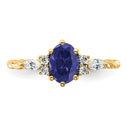 14K Gelbgold Ring mit Diamant und ovalem 7x5 mm September/im Labor gezüchtetem Saphir, gedreht, Größe 7
