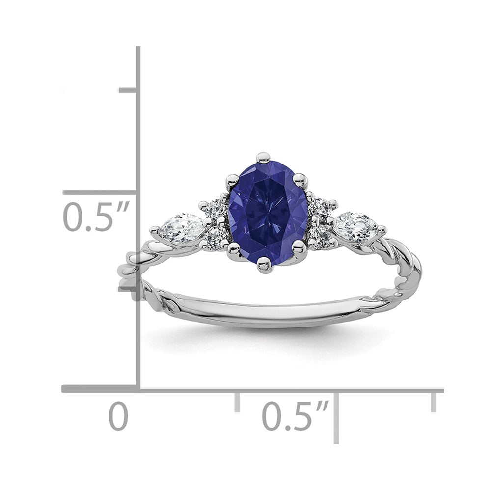14K Weißgold Ring mit Diamant und ovalem 7x5 Labor-Saphir (September) in Größe 7, gedreht