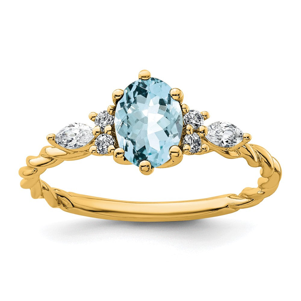 14K Gelbgold Ring mit Diamanten und 7x5 ovalem März-/Aquamarin, Größe 7, gedreht