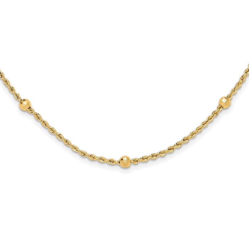 14K Gelbgold Mirror Perlen und Diamantiert Kordel Kette 7-station 18 Zoll Halskette