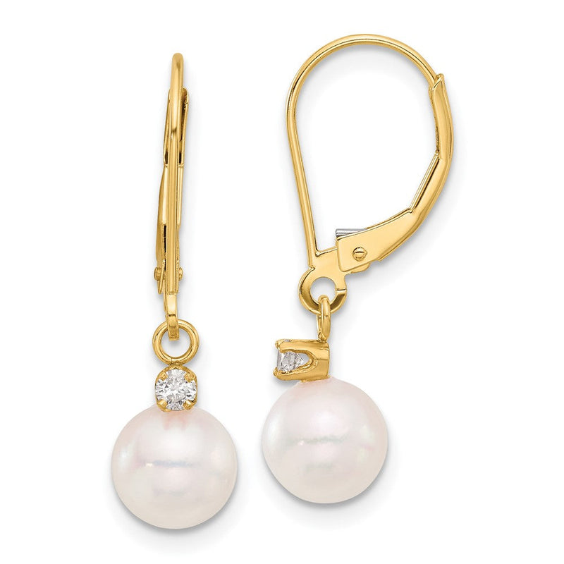 14K Gelbgold 7-8mm Rund Akoya Salzwasser Zuchtperle Und.10 Karat Diamant Hängend Ohrhänger mit Brisur