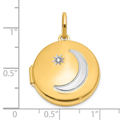 14K Gelbgold mit Rhodium Diamant Stern und Mond 20mm Rund Medaillon