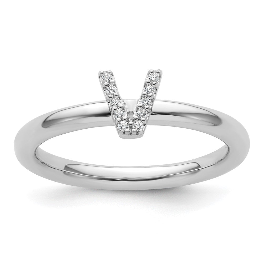 14K Weißgold Stapelbar Diamant Initiale V Größe 7 Ring