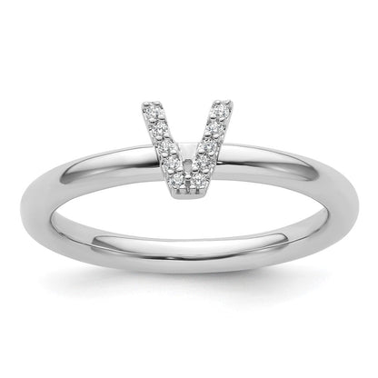 14K Weißgold Stapelbar Diamant Initiale V Größe 7 Ring