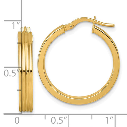 14K Gelbgold Poliert und Gerillt 4.00 X 24mm Röhre Creolen