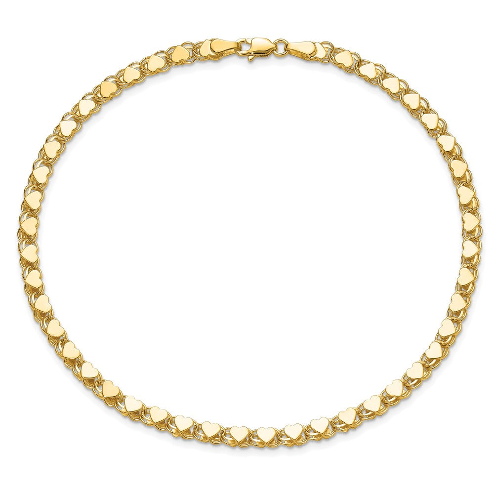 14K Gelbgold Poliert Doppelt-sided Herzen Doppelt Glieder Fußkettchen