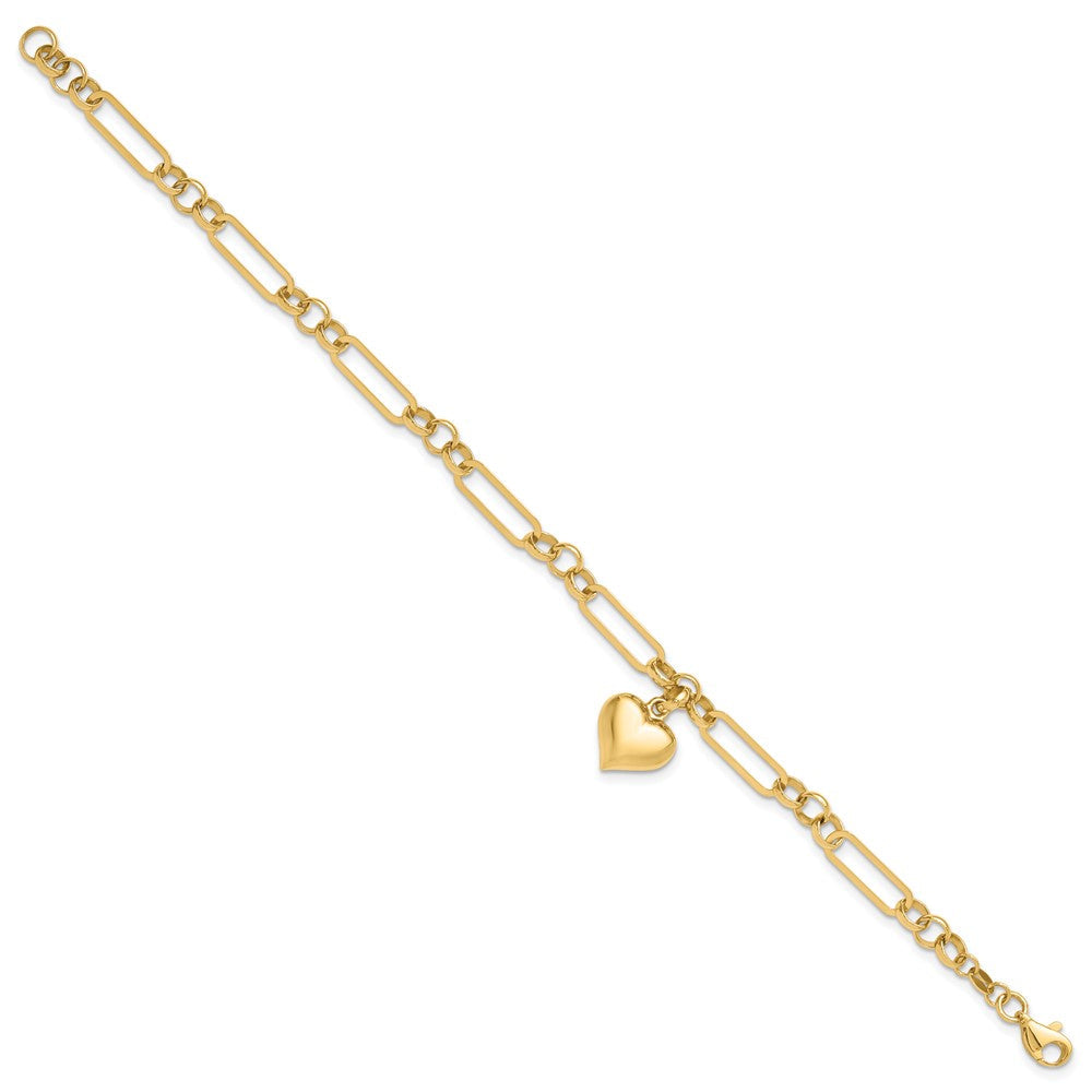 14K Gelbgold Poliert Gewölbt Herz Charm Hängend Figaro Glieder 7.5 Zoll Armband