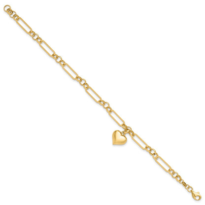 14K Gelbgold Poliert Gewölbt Herz Charm Hängend Figaro Glieder 7.5 Zoll Armband