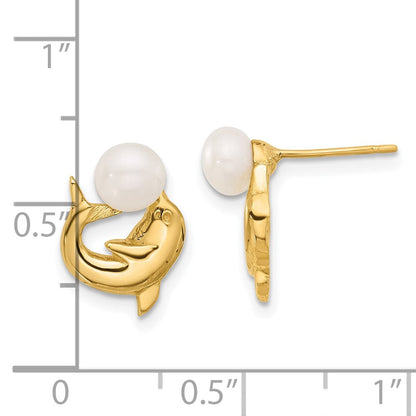 14K Gelbgold 5-6mm Knopf Süßwasser Zuchtperle Delfin Ohrstecker