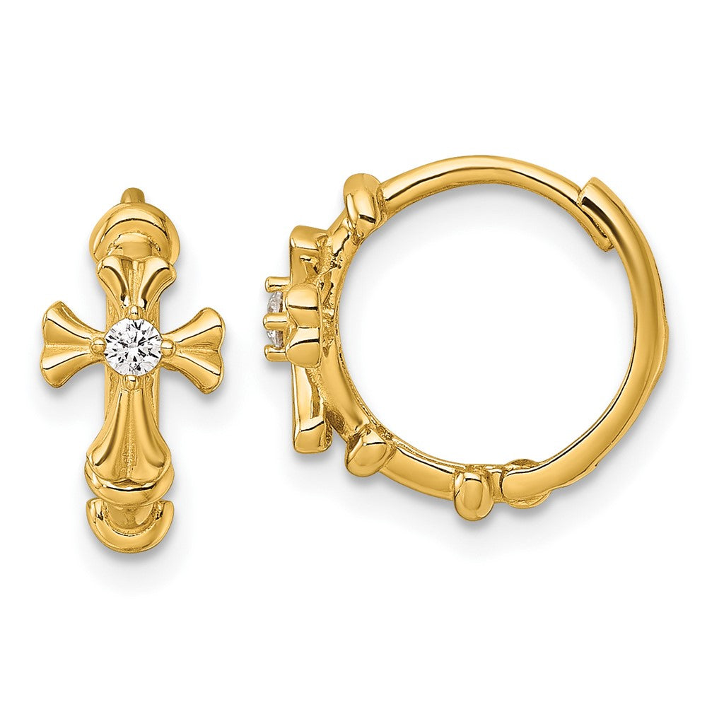 14K Gelbgold Poliert Zirkonia Kreuz Rund Klappbar Creolen