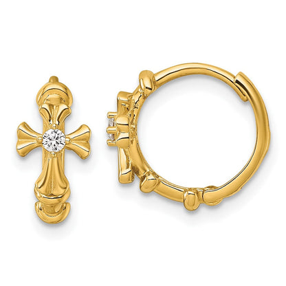 14K Gelbgold Poliert Zirkonia Kreuz Rund Klappbar Creolen
