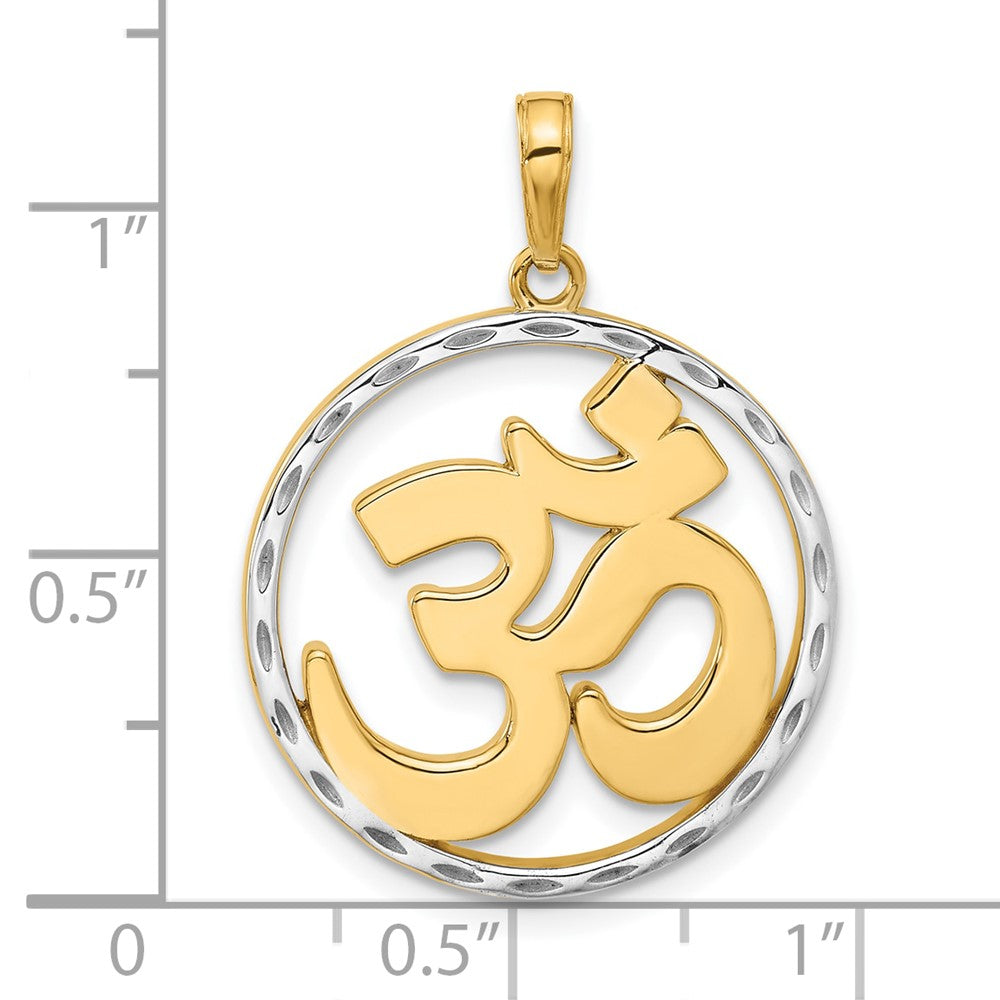 14K Gelbgold und Rhodium Diamant-geschliffener Om-Symbol-in-Kreis-Anhänger