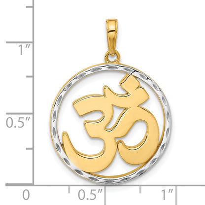 14K Gelbgold und Rhodium Diamant-geschliffener Om-Symbol-in-Kreis-Anhänger