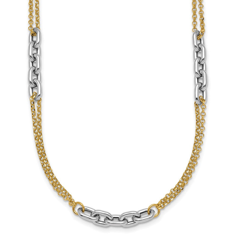 14K Bicolor Gold Poliert 4.8mm Fantasie Oval Glieder und Doppelt Strang Kette 17 Zoll Halskette Plus 2 Zoll Verlängerung