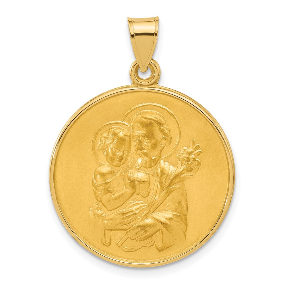 14K Gelbgold Poliert und Satiniert Massiv Groß St Joseph Medaille Rund Anhänger