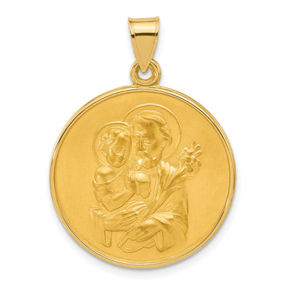 14K Gelbgold Poliert und Satiniert Massiv Groß St Joseph Medaille Rund Anhänger