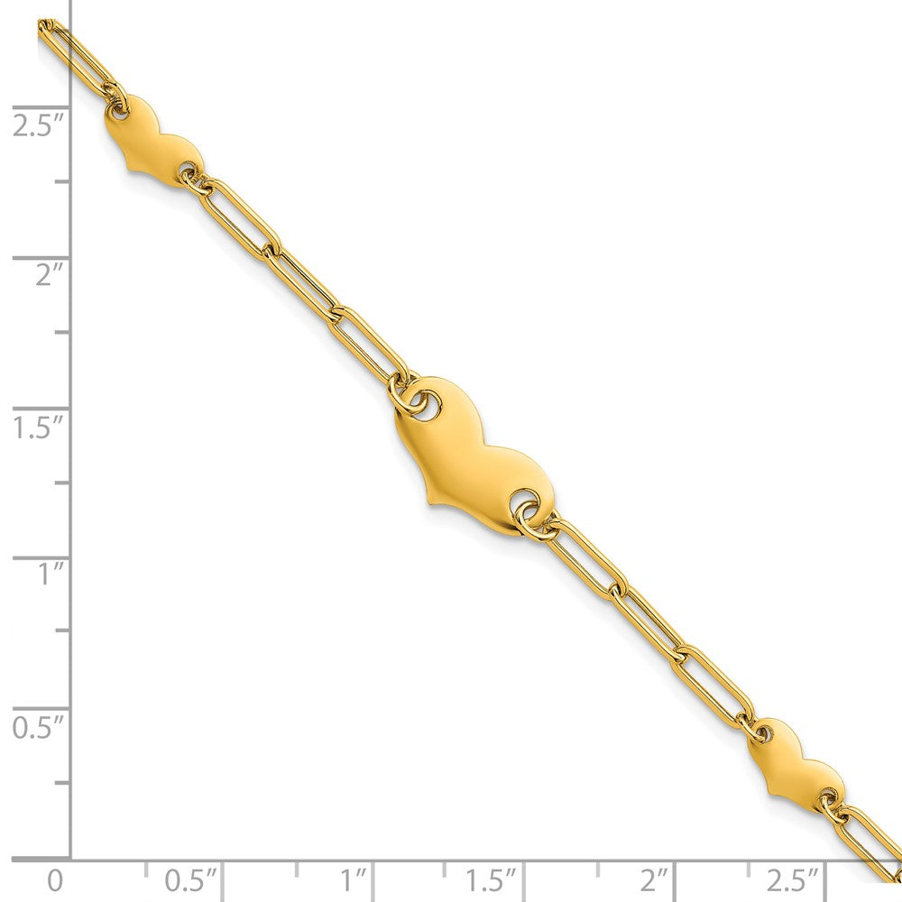 14K Gelbgold Poliert Büroklammer Glieder mit Drei Herzen 7.5 Zoll Armband
