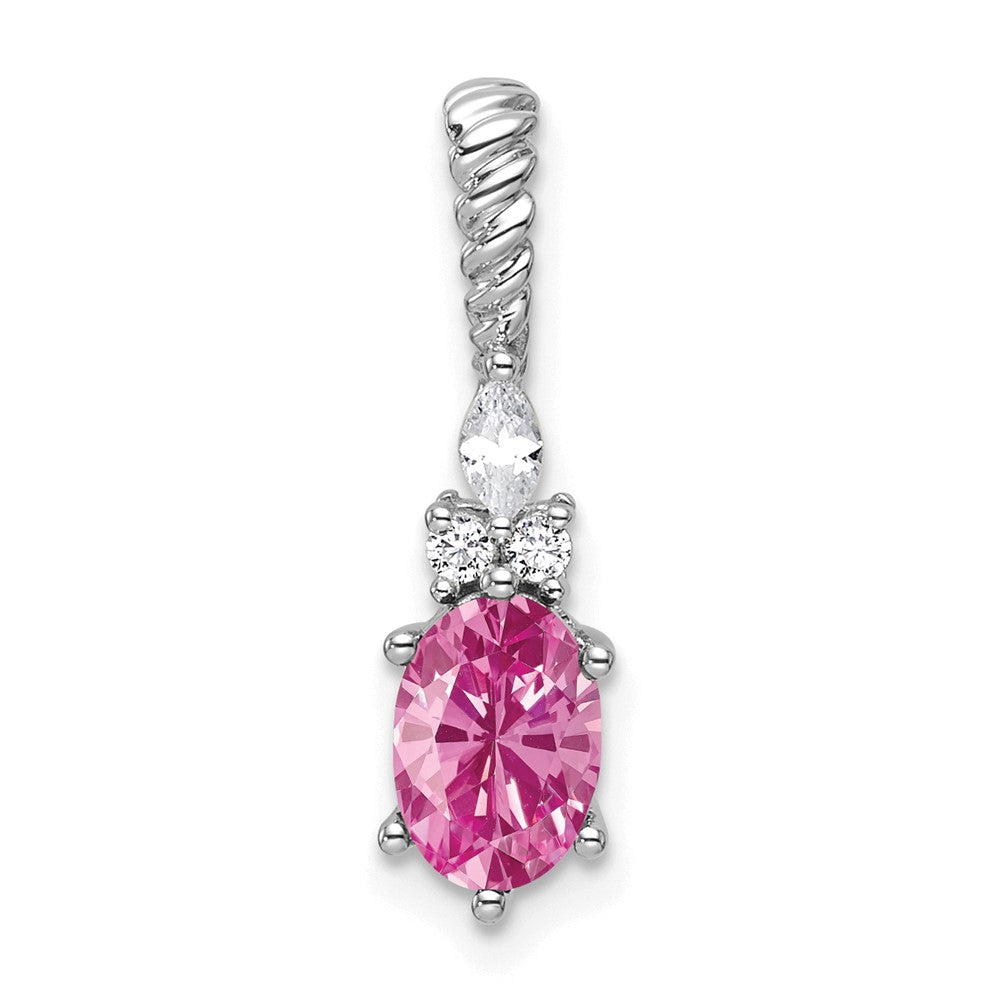 14K Weißgold Diamant und 7x5 Oval October/im Labor Erzeugt Rosa Saphir Gedreht Kette Anhänger