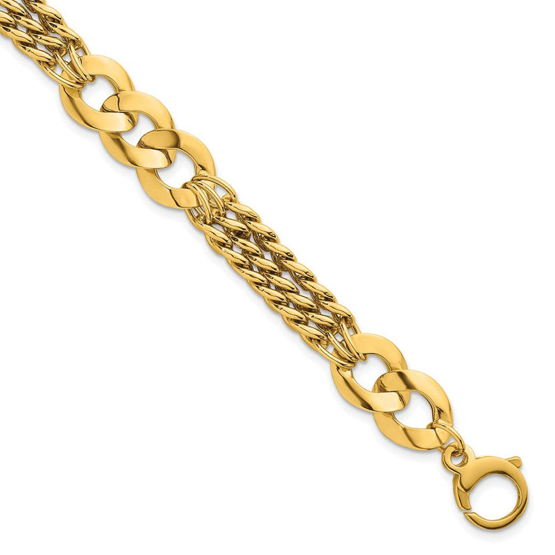14K Gelbgold Poliert 11.1mm Leicht Glieder und Dreifach Strang Fantasie Panzer Gliederarmband